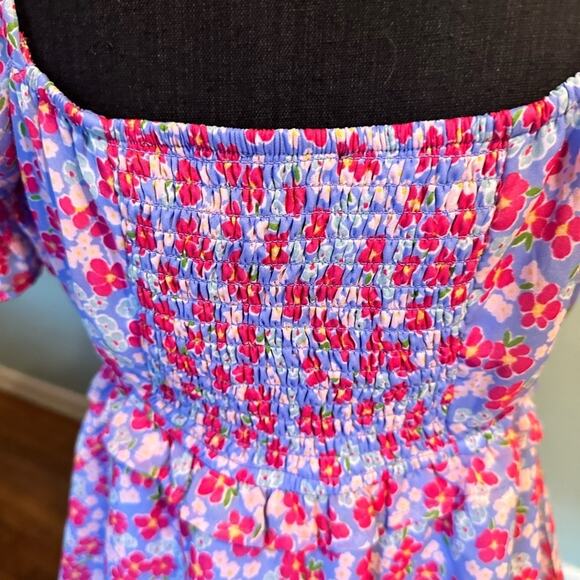 Wednesday's Girl Ruched Bust Mini Tea Dress | Purple Pink Floral | Size S - Picture 4 of 9